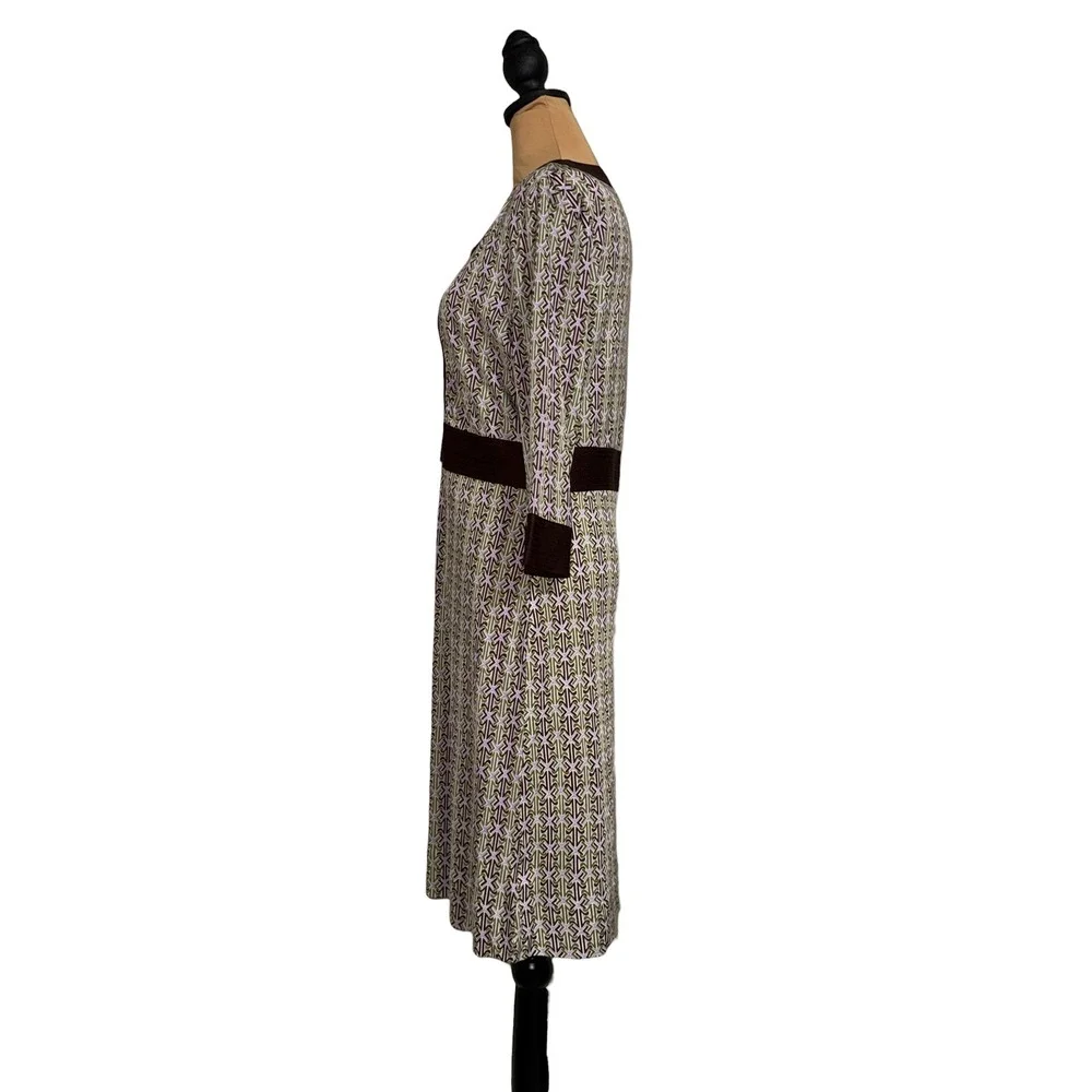 Tory Burch Silk Geometric Print Notched V-Neck Dress Brown Green Lavender Size M